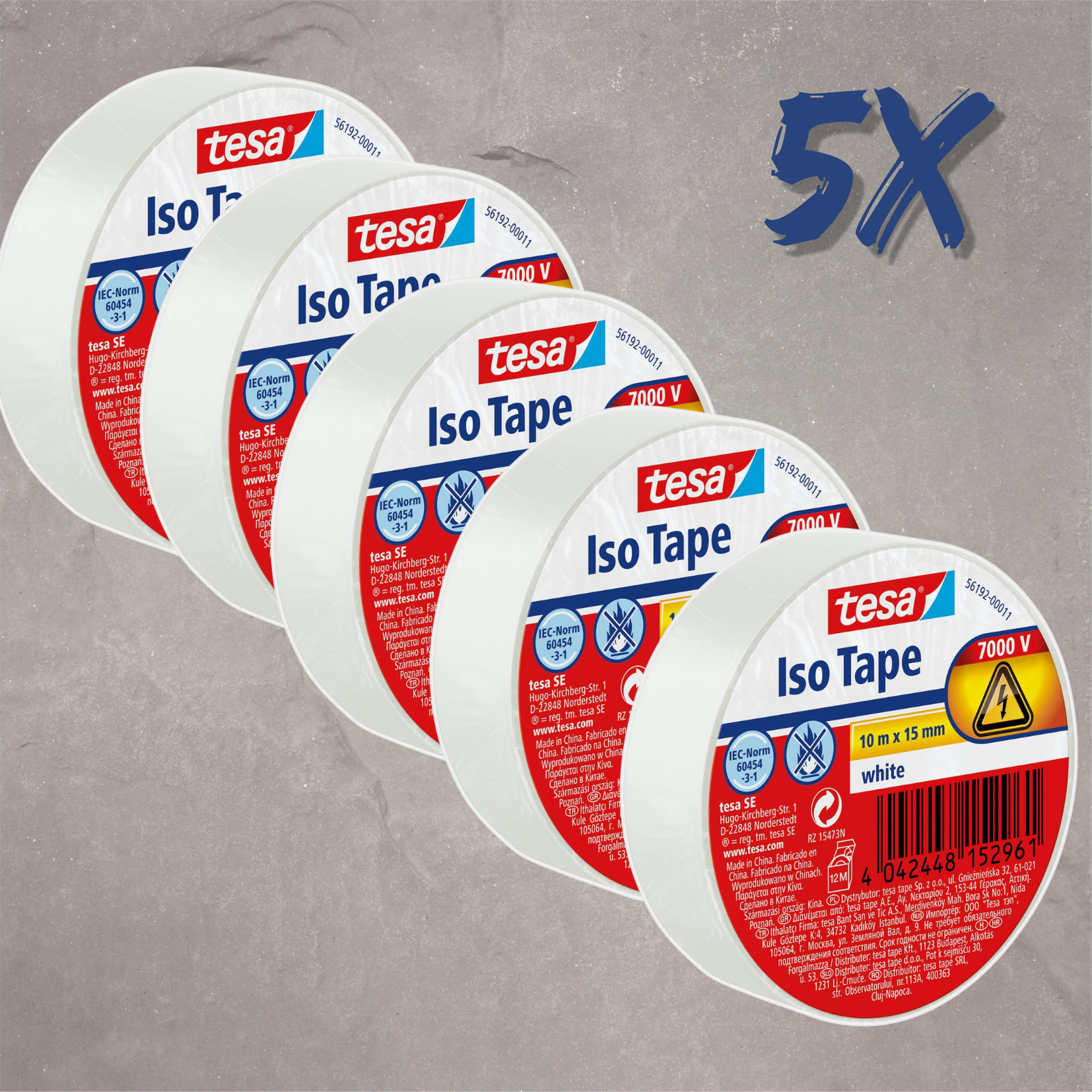 5 Stück Tesa Isolierband, 10m x 15mm Weiß | hitzebeständig, bis 6.000 Volt, IEC-zertifiziert, versandkostenfrei (eff. 0,87€/Stk.)