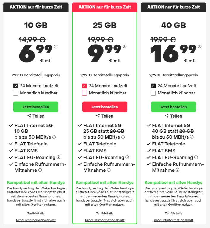 [1&1-Netz] Handyvertrag.de 25GB Allnet für 9.99€ dauerhaft. Jetzt mit 5G. Monatlich kündbar. Shoop möglich