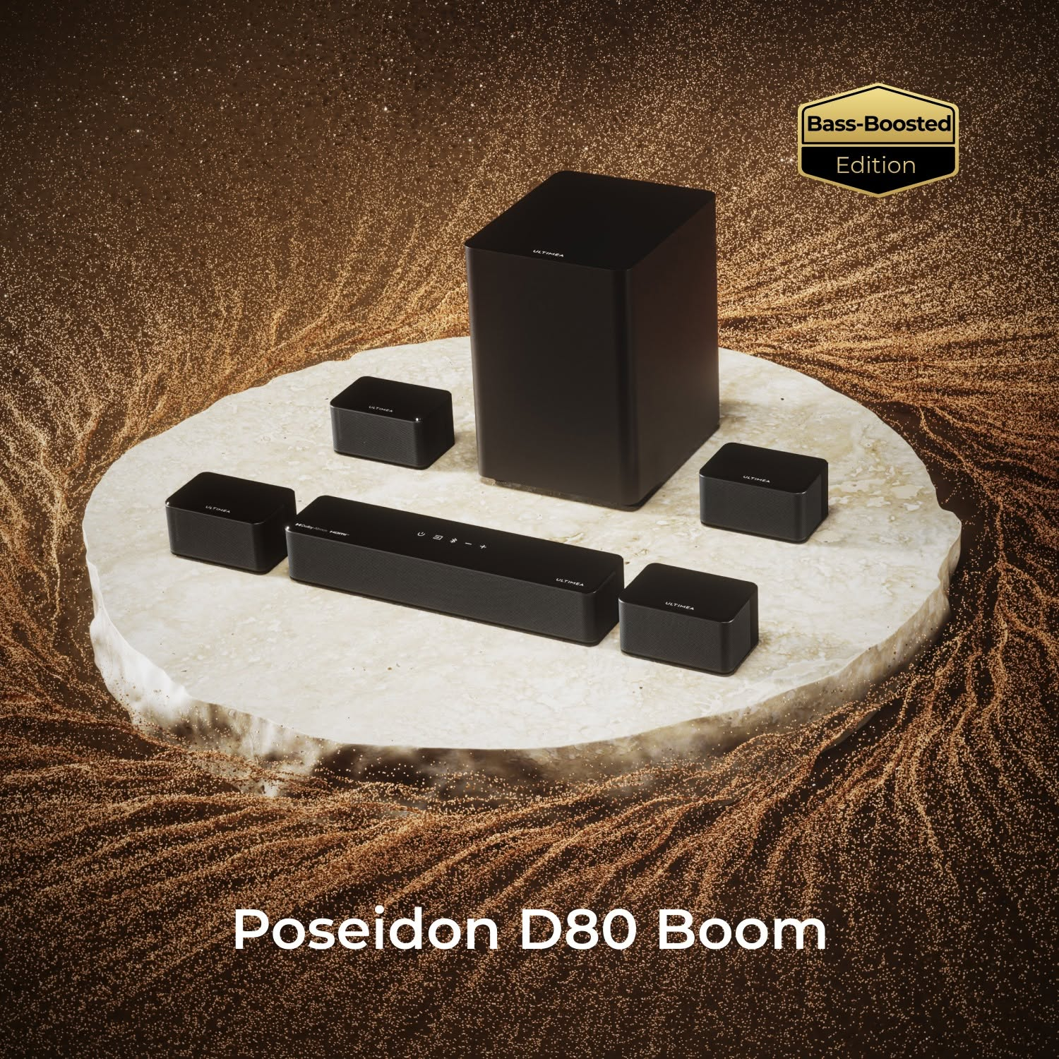 ULTIMEA "Poseidon D80 Boom" 7.1 Sound System | Soundbar + Sub + 4 Surround-Lautsprecher | 500 W, BT 5.3, HDMI 4K eARC, Dolby Atmos, App-EQ