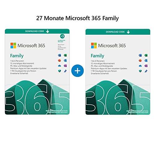 Microsoft 365 Family | 6 Nutzer | Mehrere PCs/Macs, Tablets und mobile Geräte | insgesamt 27 Monate