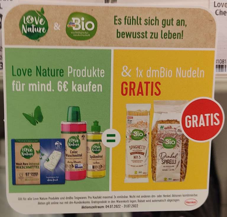 DM: Love Nature Produkte für mind. 6€ kaufen und 1x dmBio Nudeln GRATIS erhalten
