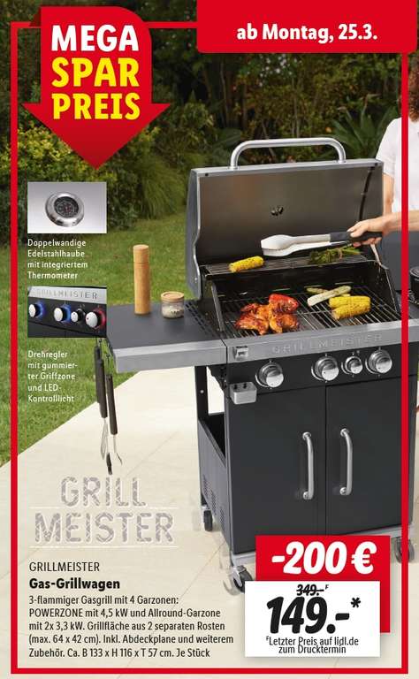 GRILLMEISTER Gasgrill, 3plus1 Brenner, 14,4 kW