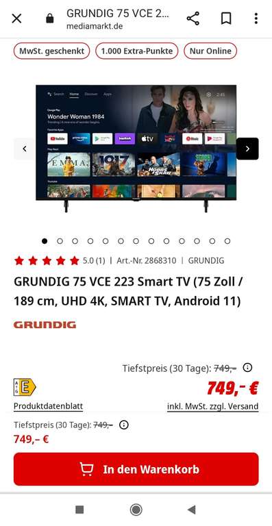 Grundig 75 VCE 223 75 Zoll Fernseher Mediamarkt (Abholung oder + 49,90€ Versand)