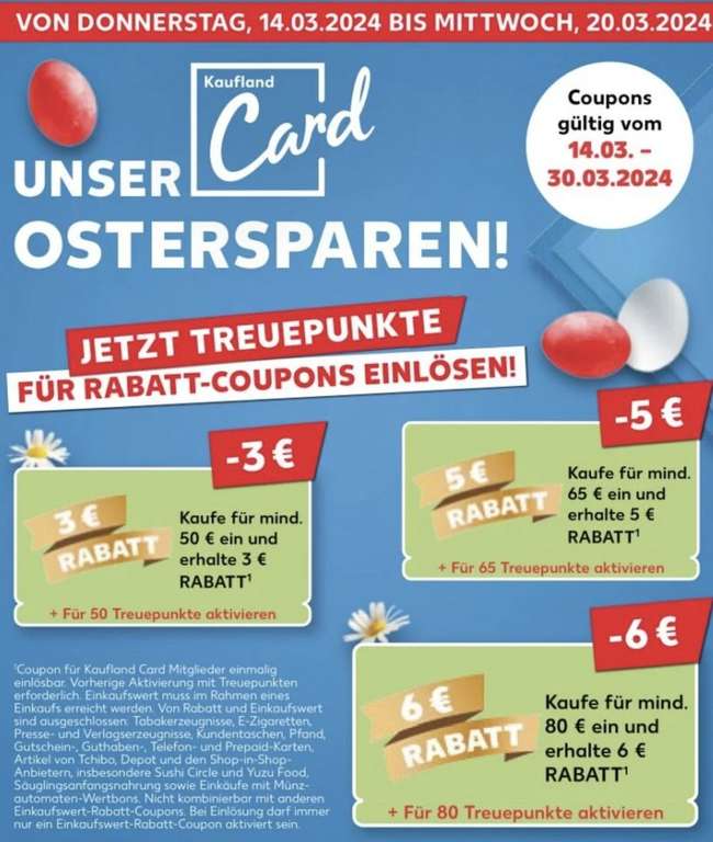 Kaufland Card Ostersparen | Rabattaktion gegen TP | 3 € ab 50 € Einkauf, 5 € ab 65 € Einkauf und 6 € ab 80 € Einkauf (14.03. - 30.03.2024)