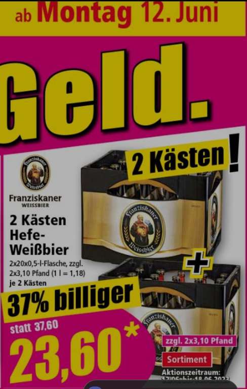 [NORMA BW, BY, RP] 2 Kästen Franziskaner Hefeweißbier für 23,60 EUR ab 12.06.2023
