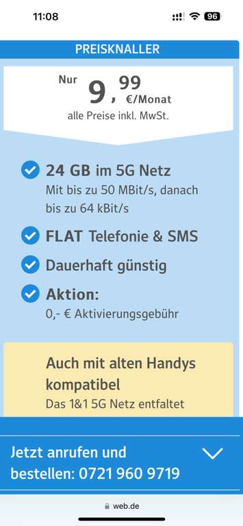 24 GB 5G Allnetflat für 9,99 1&1 über web.de