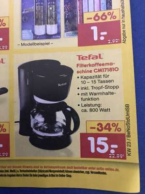 Tefal Kaffeemaschine CM171810 nur 15 € (12,75€ möglich) bei netto ab 3.6.