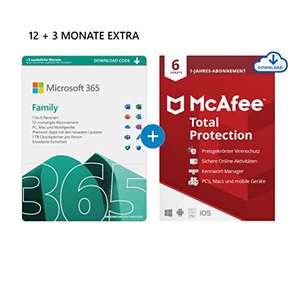 Microsoft 365 Family 12+3 Monate Abonnement | 6 Nutzer | Mehrere Geräte + McAfee Total Protection (Amazon Prime)