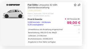 Fiat 500e Leasing für 99 Euro im Monat // 5.000km/Jahr // 24 Monate (München)