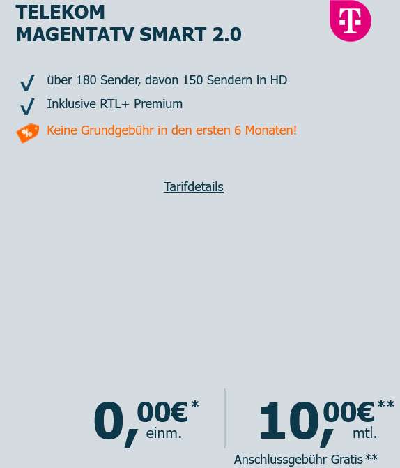 6 Monate kostenlos, 60€/66€ Cashback: Telekom Magenta TV Smart eff. 5€/Monat, SmartStream eff. 10€/Monat, MegaStream eff. 17,50€/Monat