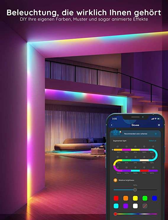 Govee LED - RGBIC Strip 10m (funktioniert mit Alexa & Google Assistant, DIY Segmentsteuerung, App-Steuerung, Musik Sync)