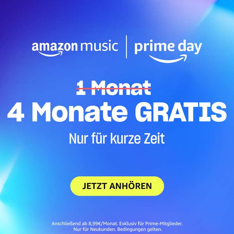 [Prime Day] 4 Monate Amazon Music Unlimited kostenlos für Prime-Mitglieder (jederzeit kündbar, für Neukunden) I 3 Monate für Nicht-Prime