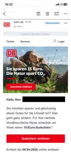[Deutsche Bahn] Gutscheine 15€, vmtl. auch 10€ und Mitfahrer per Mail/Post/BahnBonus App bis 08.04 (personalisiert)