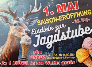 2x 1 KUGEL Eis in der Waffel gratis (1. Mai / für Kinder) - Eisdiele zur Jagdstube in der Sachsenlandhalle in Oppach