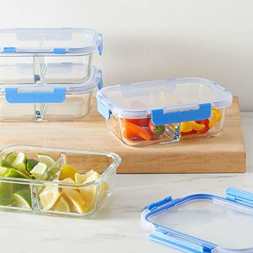 Amazon Basics Meal-Prep-Behälter aus Glas mit Unterteilung, 1065 ml, 10-teiliges Set, 5 Behälter und 5 BPA-freie Deckel (Prime)