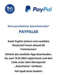 [Paypal] Nextbike 60 Freiminuten (Neukunden) 30 Freiminuten (Bestandskunden), kombinierbar