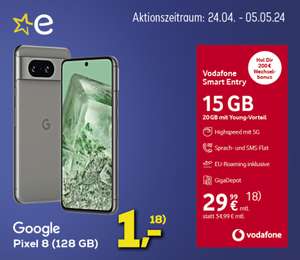 Lokal, Vodafone Netz, GigaKombi: Google Pixel 8 im Allnet/SMS Flat 20GB 5G für 24,99€/Monat, 1€ Zuzahlung, 200€ Wechselbonus