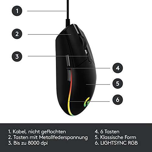 [Prime] Logitech G203 Gaming-Maus mit anpassbarer LIGHTSYNC RGB-Beleuchtung, 6 programmierbare Tasten, Abtastung mit 8.000 DPI, Schwarz