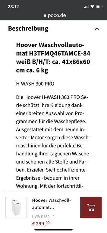 Hoover Waschvollautomat H3TFMQ46TAMCE-84 für 349,99 € bei Poco Domäne Online Shop - bei Abholung