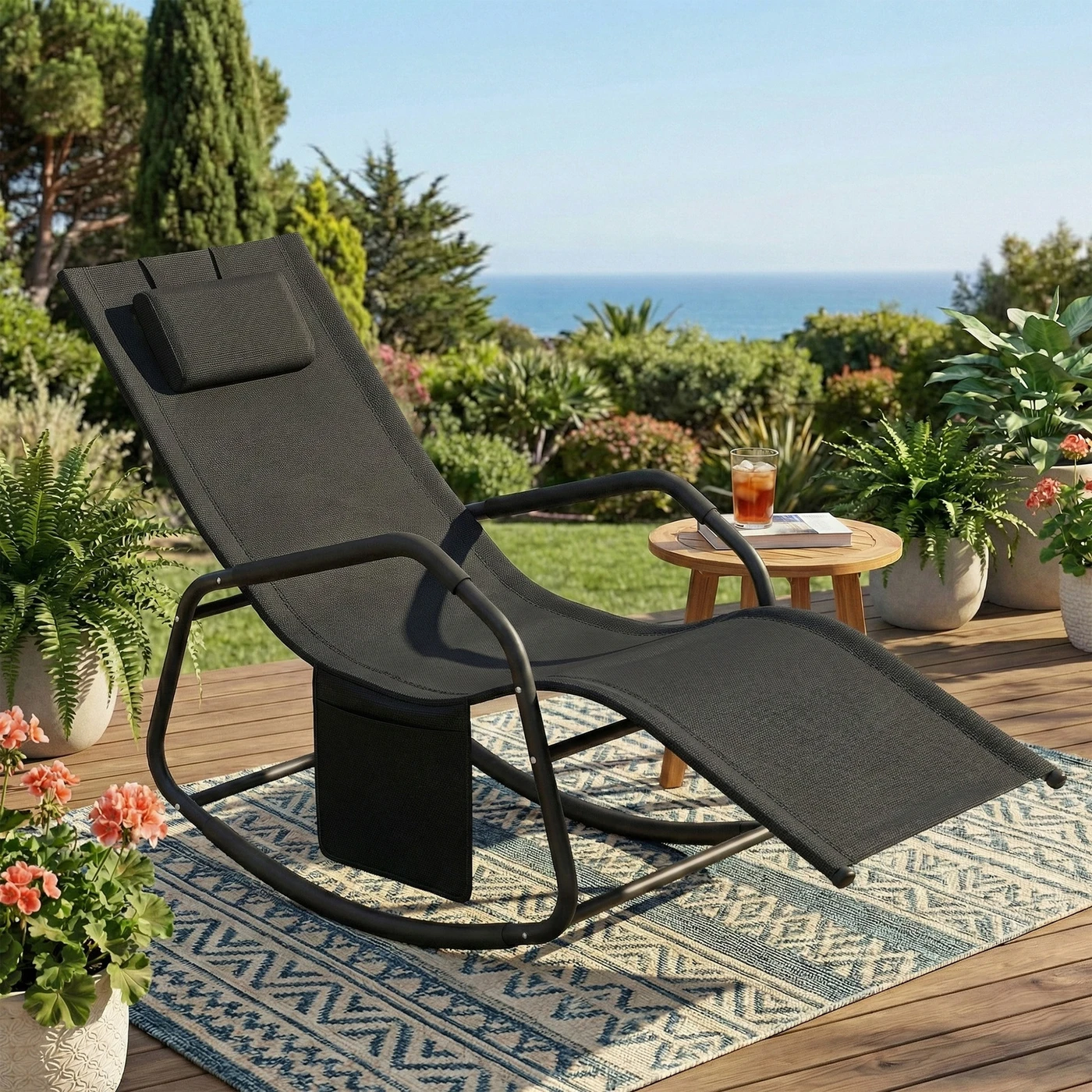 JOYFURNOS Schaukelliege 151 x 56 x 90 cm, verstellbare Kopfstütze, Umkippschutz, max. 150 kg, schwarz