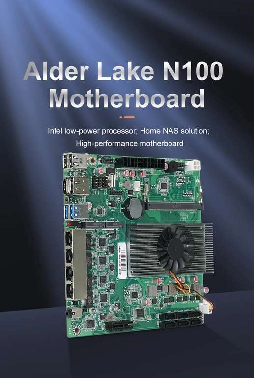 Intel N100 (4x 3,4 GHZ mit 6W TDP) NAS Barebone. 6x SATA, 2x M.2, 4x 2.5G LAN Intel i226-v,