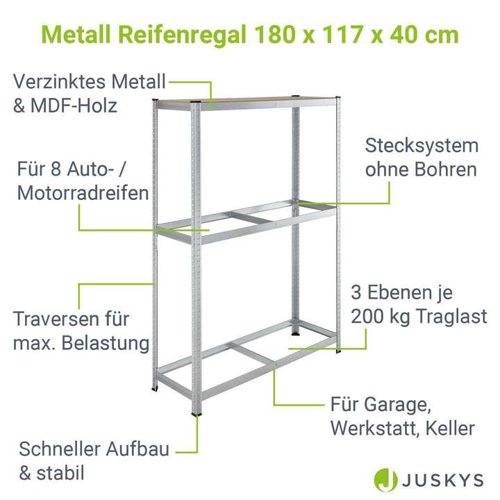 Juskys Metall Reifenregal Drive 8 Reifen max. 600 kg 180 x 117 x 40 cm für 28€ [JUSKYS]