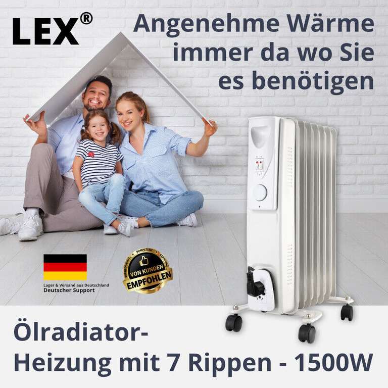 LEX Ölradiator Elektroheizung auf Rollen (7 Rippen, 1500 W Thermostat)
