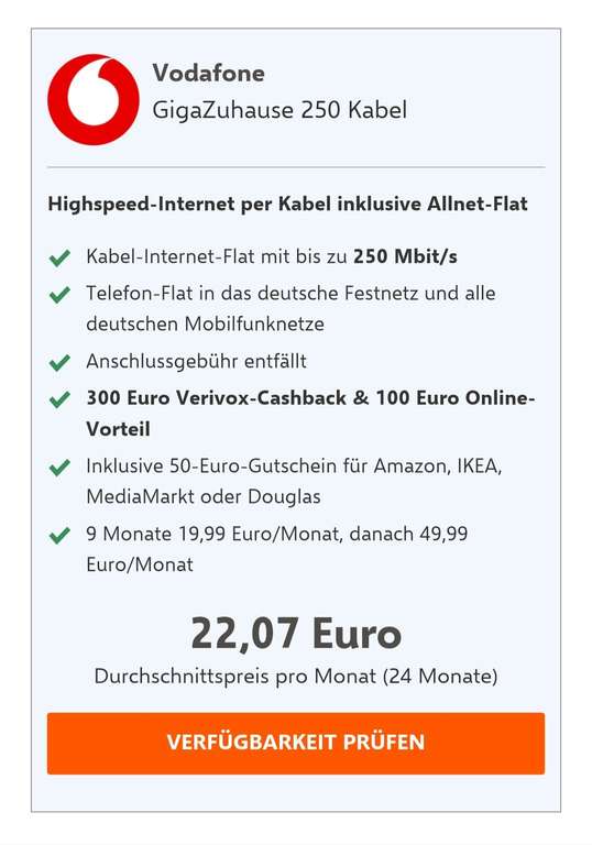 Vodafone GigaZuhause 250 Kabel für effektiv 19,99€/Mon. durch Gutschein und mit eigenem Router (mit FRITZ!Box 6660 für 20,28€/Mon.)