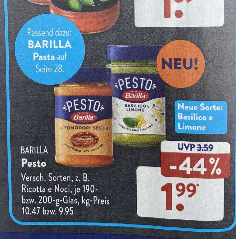 [Aldi Süd] Barilla Pesto, verschiedene Sorten, 0,4€ Cashback möglich