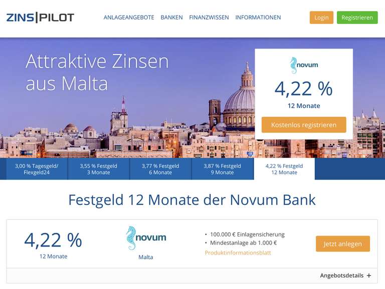 Festgeld mit 4,22% p.a. für 1 Jahr bereits ab 1000€ via ZinsPilot + KWK für Neukunden (jeweils 50€) ab 2.500€