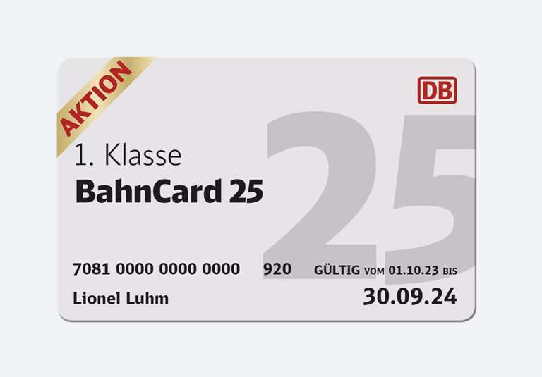 Deutsche Bahn - BahnCard 25 (2.Kl.) 33€ / Bahncard 25 (1.Kl.) 66€ - Aktionszeitraum 01. - 31.Oktober - auch BahnCard Business