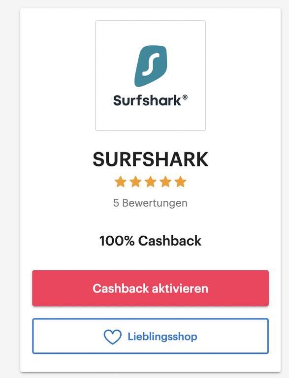 Shoop 100 % Cashback auf Surfshark VPN