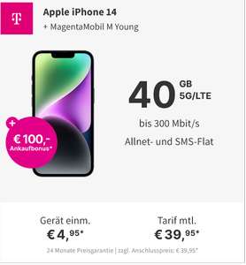Telekom Netz, U28: Apple iPhone 14 Allnet/SMS Flat 80GB 5G Mobile M MagentaEins 4,95€ ZZG, 34,95€/Monat, +100€ Trade in (8,62€ nach Ankauf)