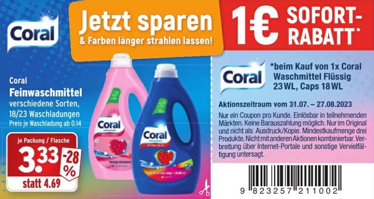 Coral Feinwaschmittel flüssig 23 WL oder Caps 18 WL für 2,33 € versch. Sorten (Angebot + Coupon) [Wasgau - Saarland, RLP, BW]