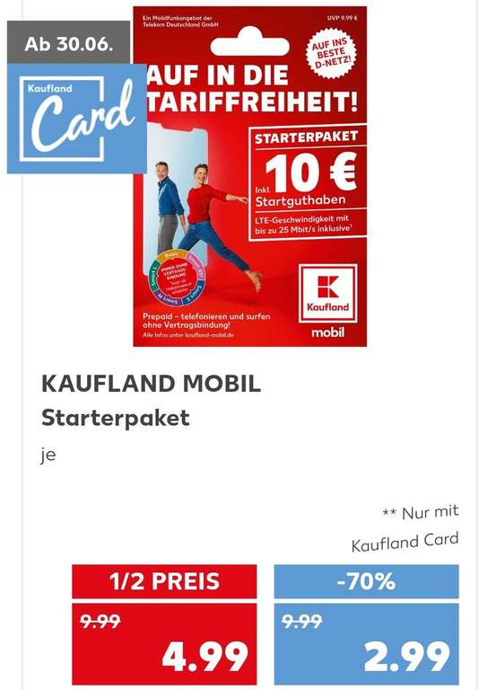 [Kaufland-Card, offline] Kaufland-Mobil-Starterpaket inkl. 10€ Startguthaben für 2,99€ / ohne Card 4,99€