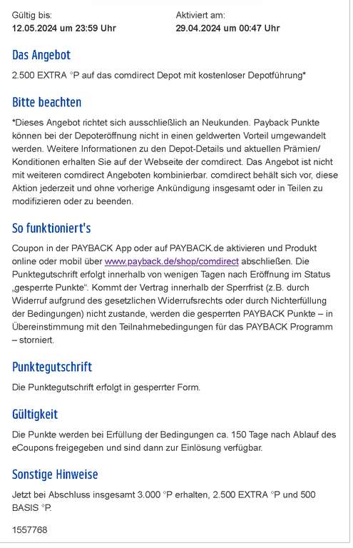 [comdirect + Payback] 3.000 °P (30€) für Eröffnung Depot, kostenlose Depotführung (3 Jahre), Neukunden, eID möglich, personalisiert