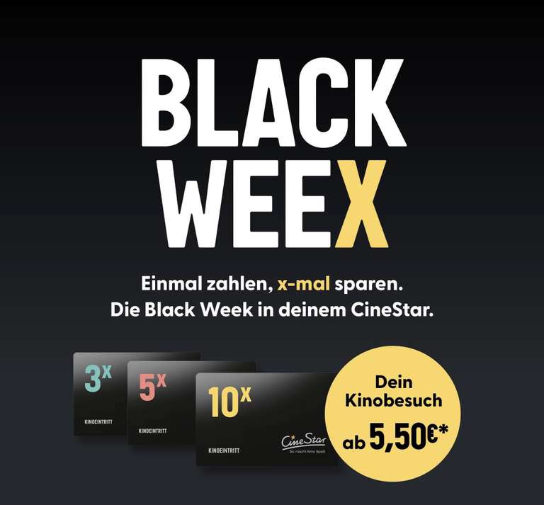 Cinestar Blackweek zb. 10 x Kinoticket für 55€