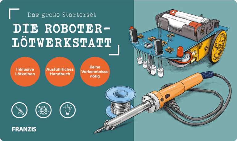 Franzis: Die Roboter-Lötwerkstatt | inkl. Lötkolben, Lötzinn & alle Bauteile für einen Fährtenleser-Roboter | ab 14 Jahren