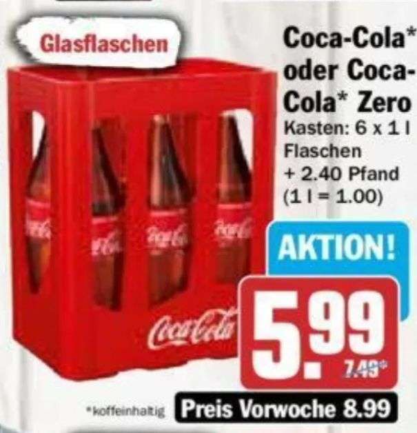 Hit ab 27.12.: 6x 1l Coca-Cola Glasflaschen Kiste, einer der besten Preise in 2022 , Literpreis 1€