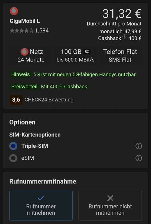 Vodafone GigaMobil L 100GB LTE 400€ Cashback - für eff. 751,68€