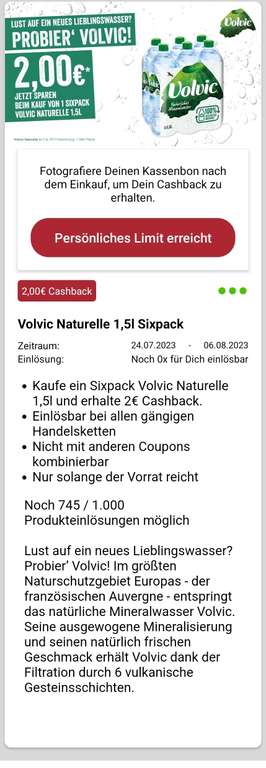 Rewe/Netto Volvic Naturell 2x Sixpack für 9€ - 2€ Cashback über Scondoo plus Payback 0.39€/L