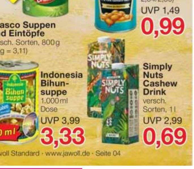 Jawoll 'aktuell': 1 Liter Simply Nuts Cashew Drink in verschiedenen Sorten z.B. : Cashew Nature/ Schoko/ Salted Caramel