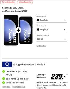 O2 Doppel SIM-Aktion: 2 x O2 Mobile M Allnet/SMS Flat 25GB 5G mit 2 x Samsung Galaxy S23FE für 29,98€/Monat, 239€ Zuzahlung