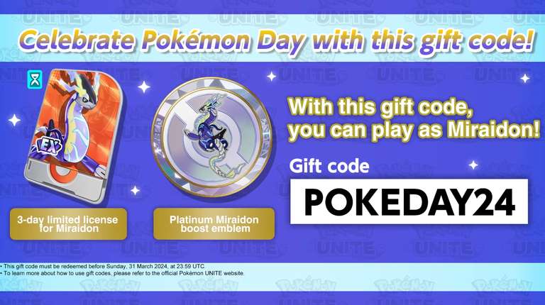 [Pokémon Unite] Code - POKEDAY24 - 3-Tages Lizenz Miraidon + Platin Miraidon Boost Emblem