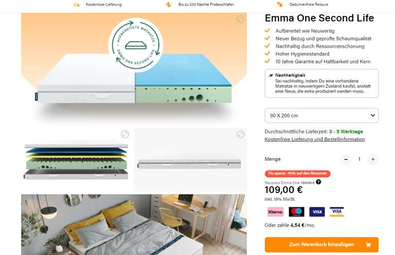 [Emma] Emma One Matratze Second Life 80 bzw. 90 x 200 cm (refurbished) für 109 € (mit CB: 87,20 €)
