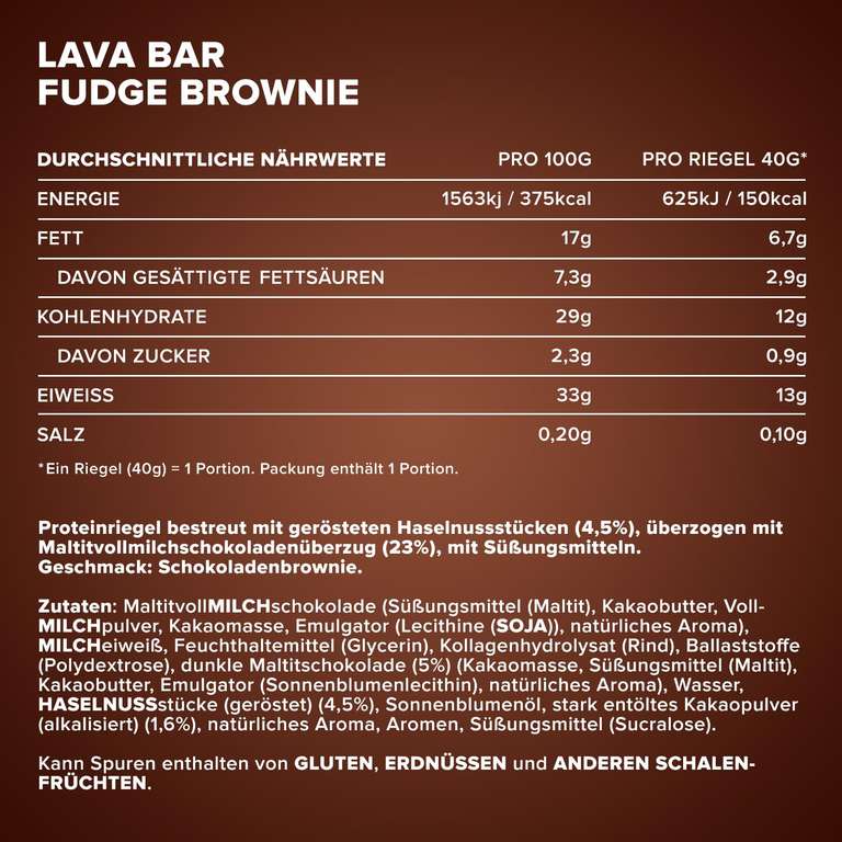 IronMaxx Lava Bar Protein Bar - Fudge Brownie 18 x 40 g | High Protein with Creamy Core and Crispy Topping | Sugar-Reduced Protein Bar