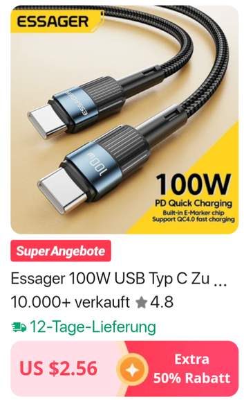 100W PD USB-A zu USB-C Kabel von Essager ab 1,28€ [AliExpress Münzshop]€