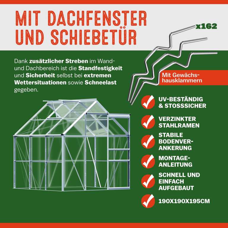 Gardebruk Aluminium Gewächshaus 3,6m² 190x190cm inkl. Dachfenster