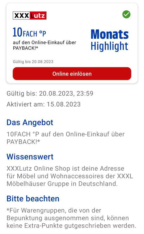 XXXLutz 10Fach Payback Punkte auf den Online Einkauf über Payback bis 20.08 eventuell personalisiert