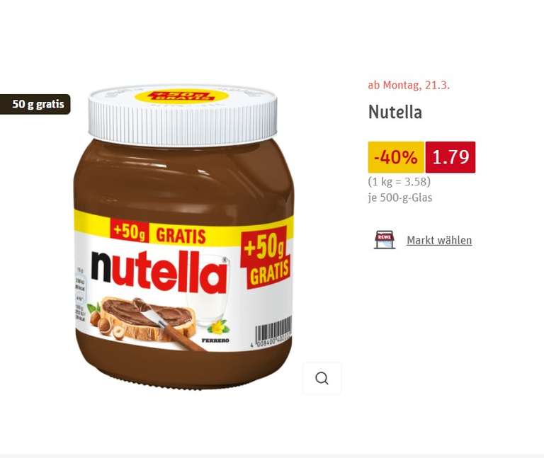 Rewe: Nutella 500 Gramm Glas 1,79€